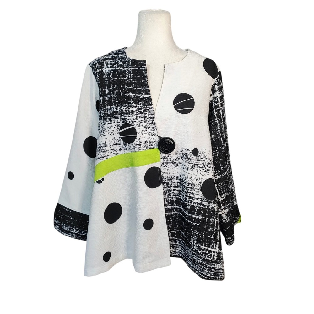 Ali Miles Jacket Blazer Lagenlook Quirky Art to Wear Black White Plus Size 1X